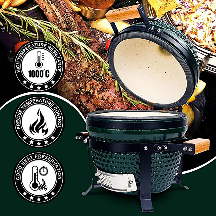 Green Ceramic Portable Tabletop Kamado Charcoal Grill with Bamboo Handles
