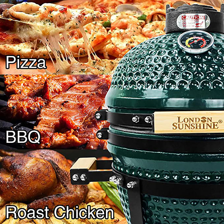 Green Ceramic Portable Tabletop Kamado Charcoal Grill with Bamboo Handles