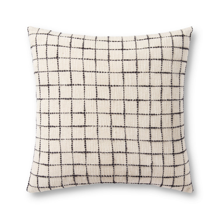 Ivory and Black Cotton Blend Grid Pattern Throw Pillow