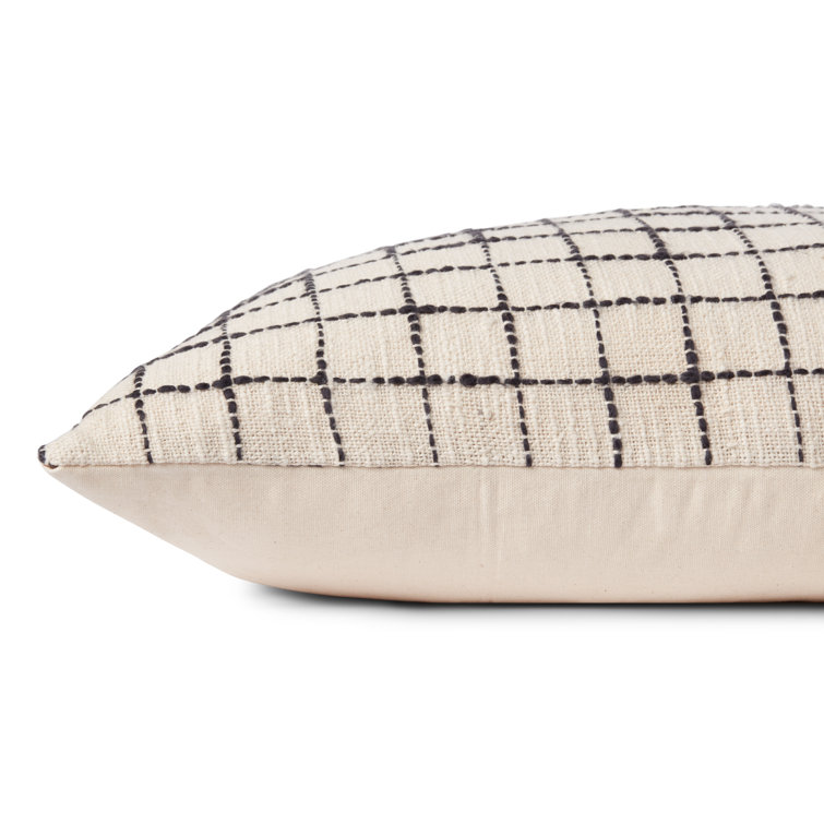 Ivory and Black Cotton Blend Grid Pattern Throw Pillow