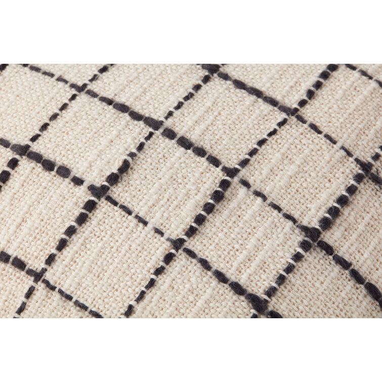Ivory and Black Cotton Blend Grid Pattern Throw Pillow