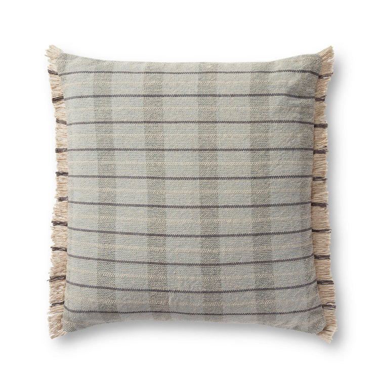 Sage and Natural Plaid Polyester Throw Pillow with Fringe