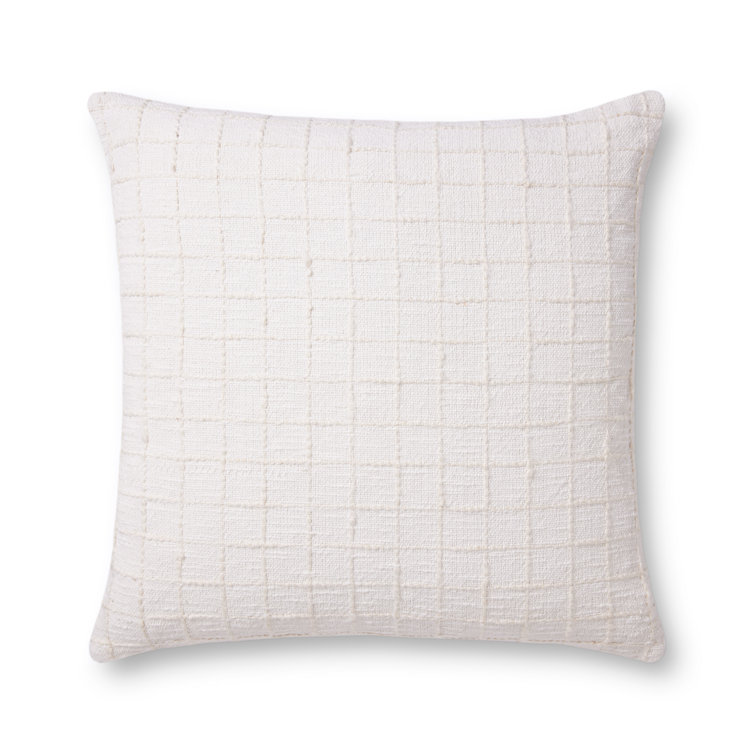 Ivory Cotton Blend Square Throw Pillow with Grid Pattern