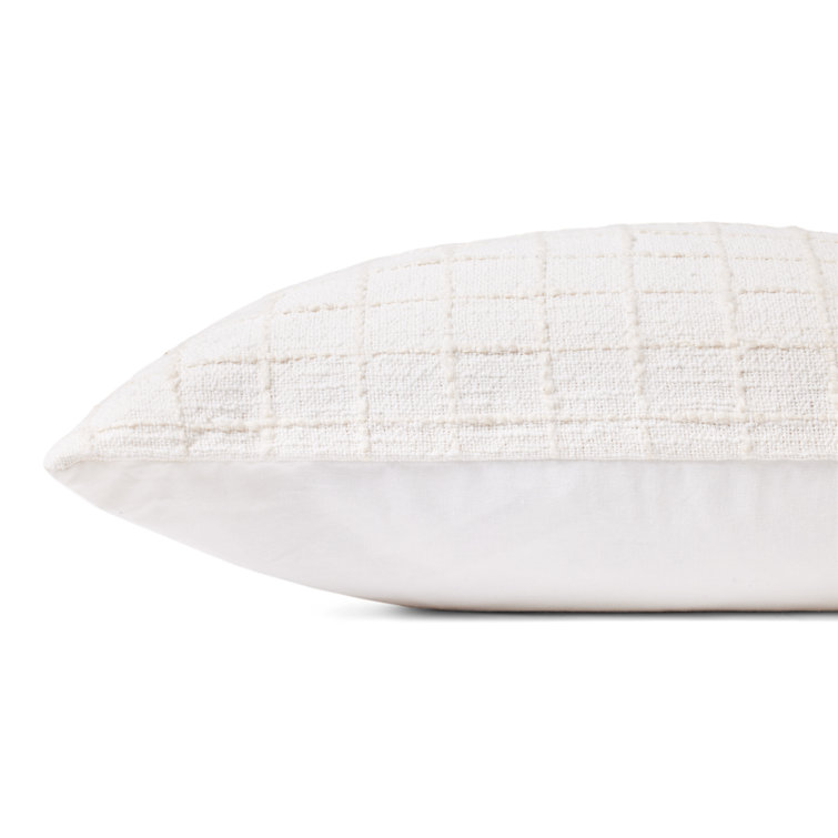 Ivory Cotton Blend Square Throw Pillow with Grid Pattern