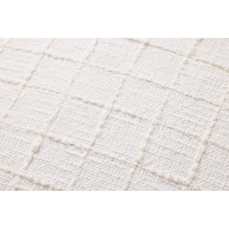 Ivory Cotton Blend Square Throw Pillow with Grid Pattern