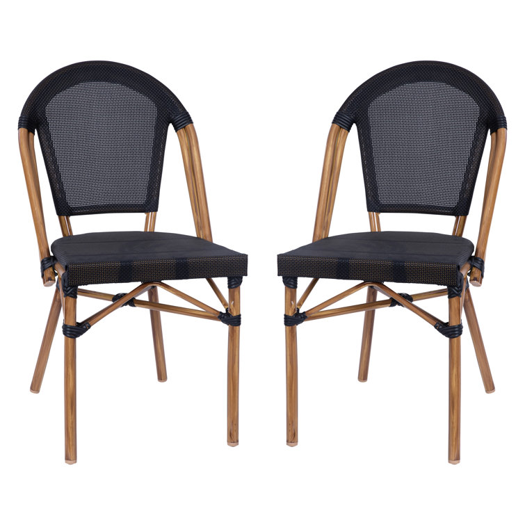Black and Natural Armless Stacking Bistro Chairs with Metal Frame, Set of 2
