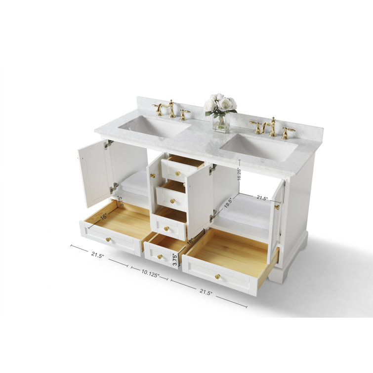 Audrey 60'' White Double Bathroom Vanity with Marble Top and Gold Hardware