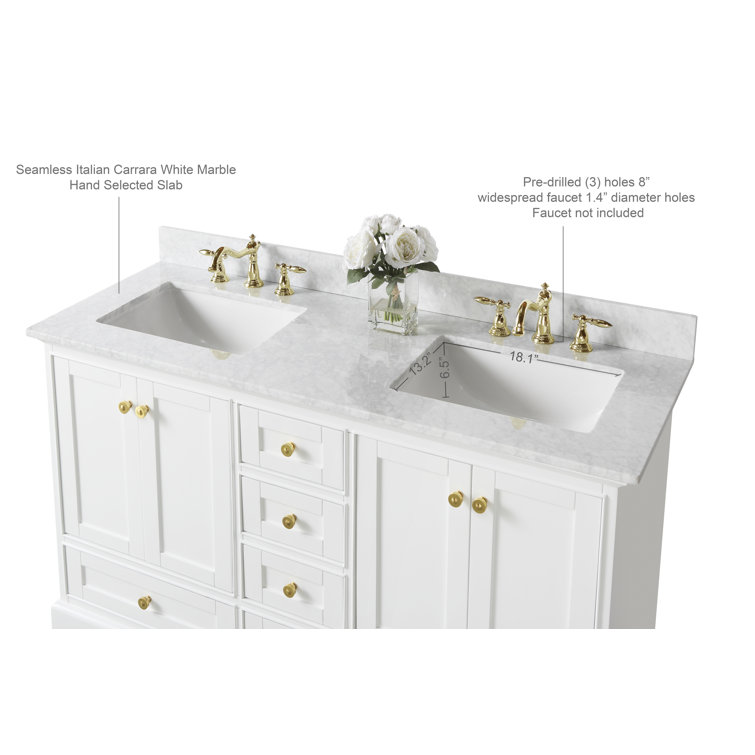 Audrey 60'' White Double Bathroom Vanity with Marble Top and Gold Hardware