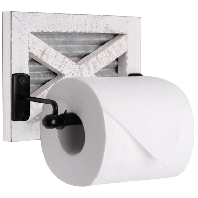 White Washed Wood and Galvanized Metal Farmhouse Toilet Paper Holder