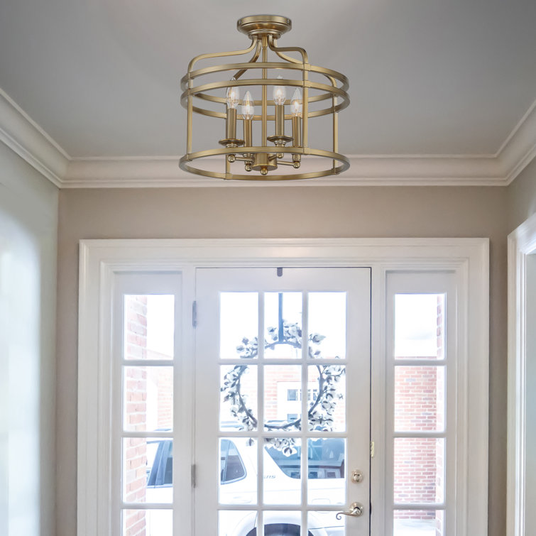 Brushed Honey Gold Glass Drum 4-Light Semi Flush Mount