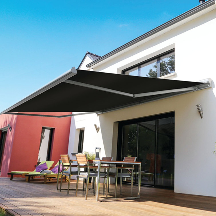 Black 12' x 10' Motorized Retractable Patio Awning with Acrylic Fabric
