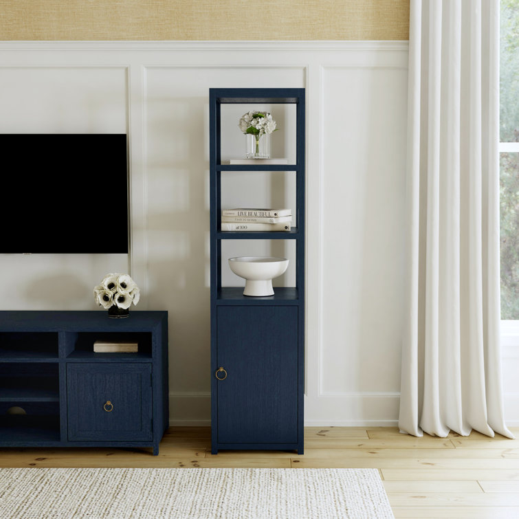 Navy Blue Tall Wood Bookcase with Adjustable Shelves and Door