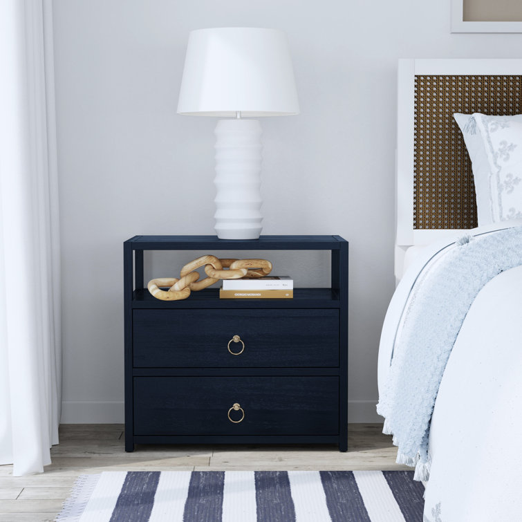 White Acacia 2-Drawer Nightstand with Brass Ring Pulls