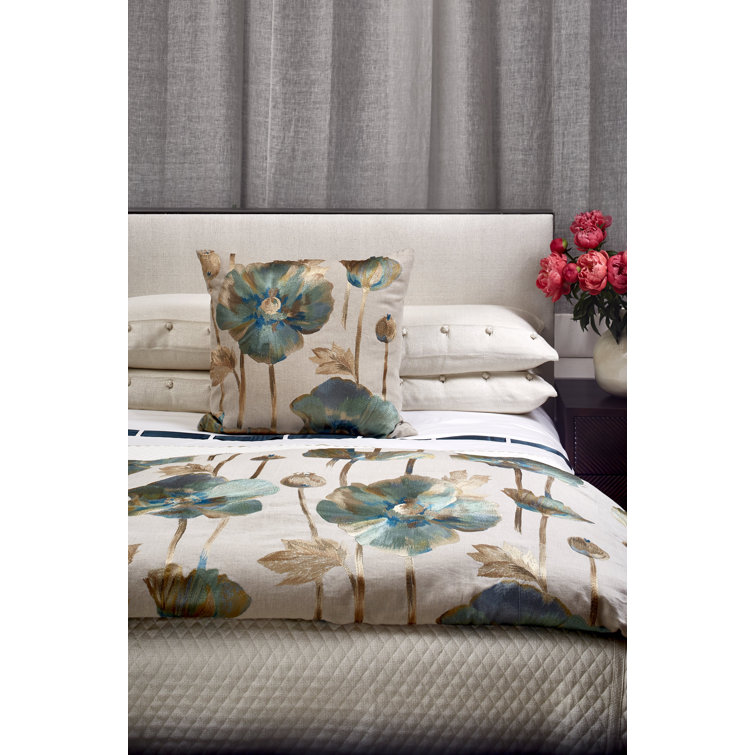 Ivory and Blue Linen-Cotton Queen Duvet Cover with Topstitched Flange