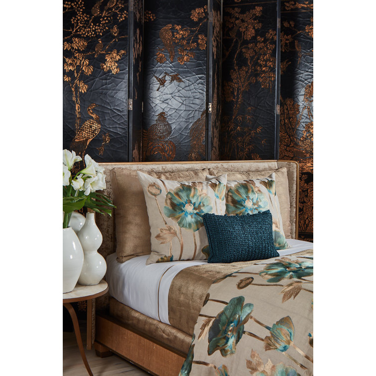 Ivory and Blue Linen-Cotton Queen Duvet Cover with Topstitched Flange