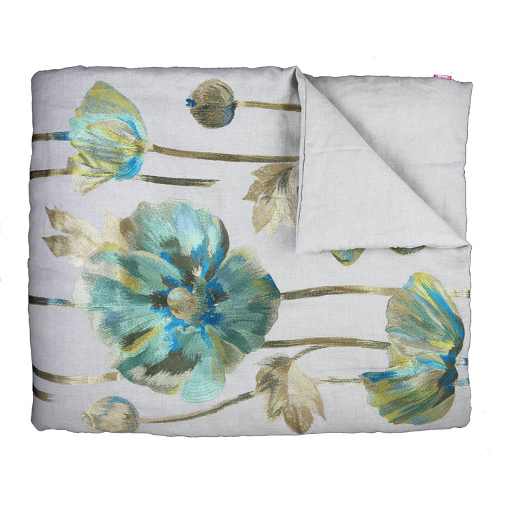 Ivory and Blue Linen-Cotton Queen Duvet Cover with Topstitched Flange