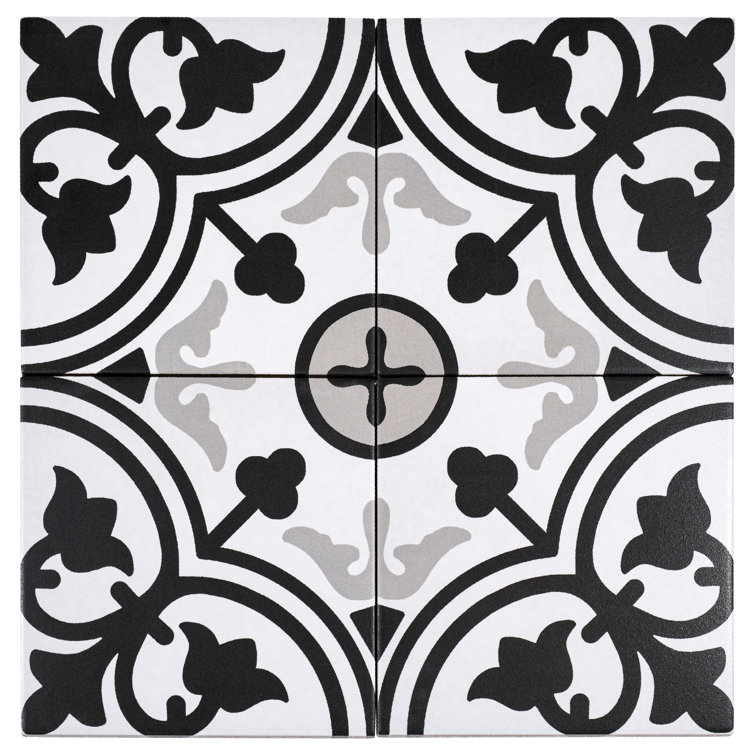 Bliss 8" Black and White Porcelain Patterned Tile