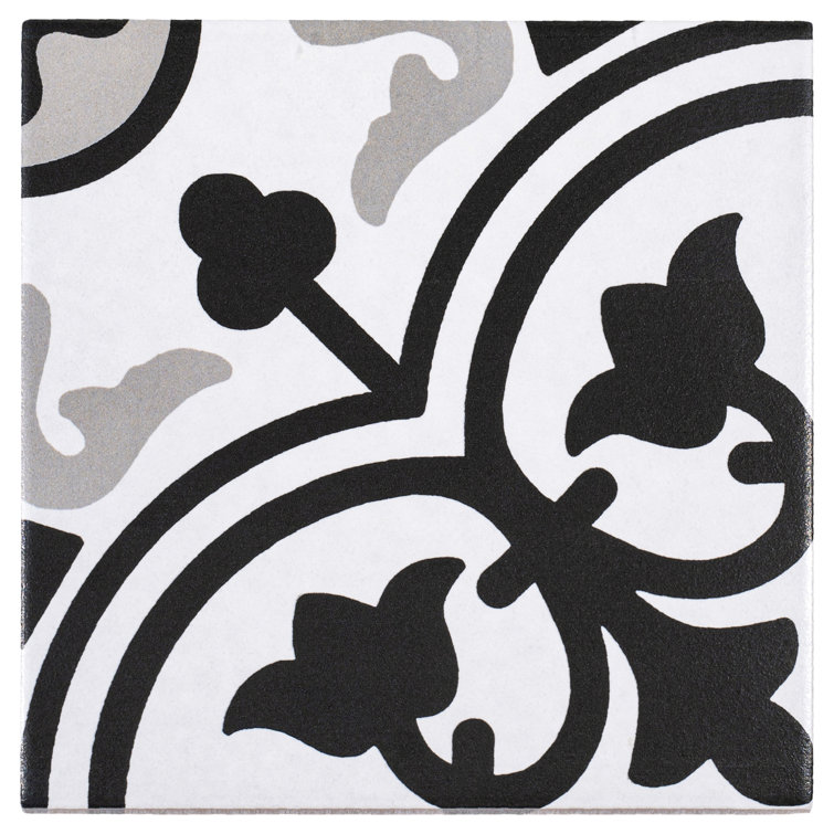 Bliss 8" Black and White Porcelain Patterned Tile