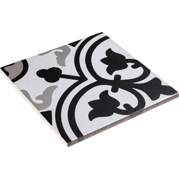Bliss 8" Black and White Porcelain Patterned Tile
