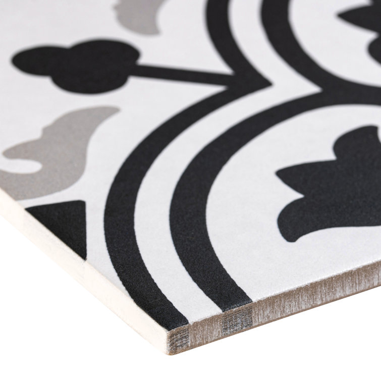 Bliss 8" Black and White Porcelain Patterned Tile