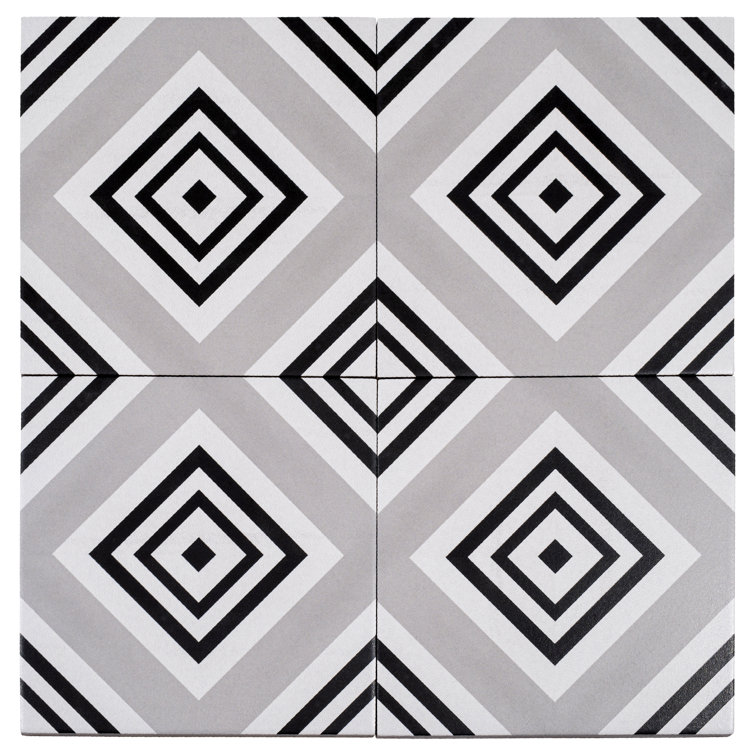 Lucia 8" Black and Gray Porcelain Patterned Tile