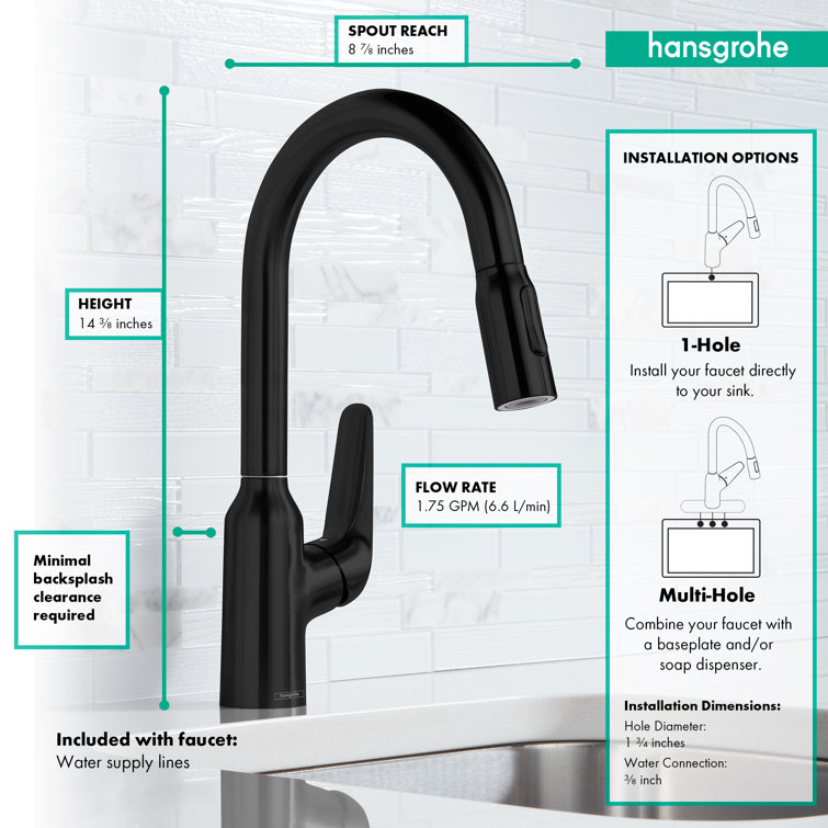 Matte Black 14.4" Single-Handle Pull-Down Kitchen Faucet
