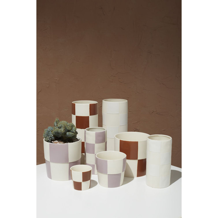 Brown and Cream Ceramic Checkerboard Round Planter