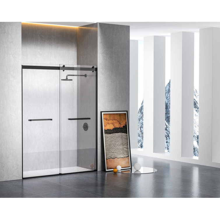 Matte Black Frameless Double Sliding Shower Door, 60 x 76 in