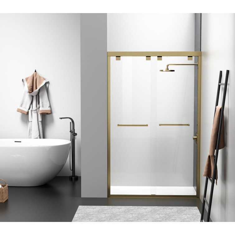 Brushed Gold Frameless Double Sliding Shower Door, 48 x 76 in