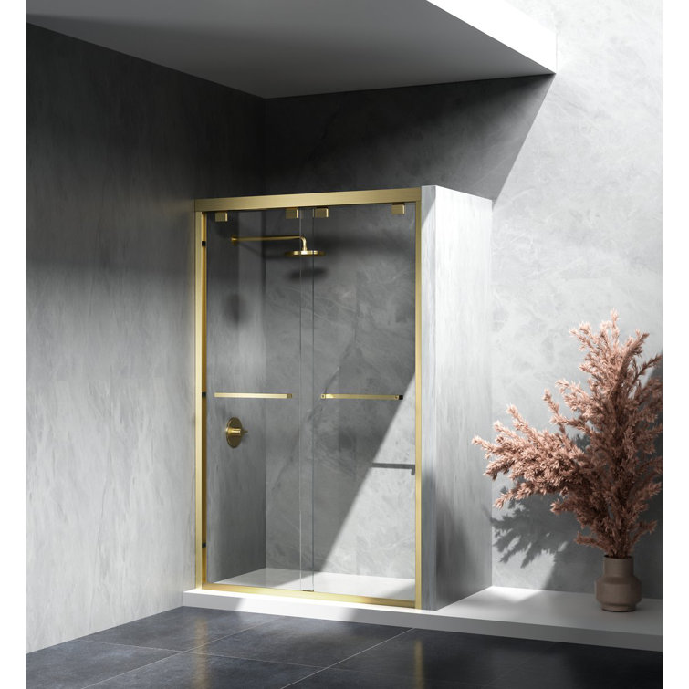 Brushed Gold Frameless Double Sliding Shower Door, 48 x 76 in