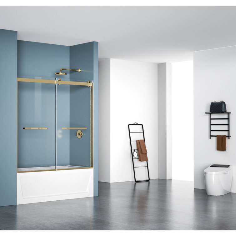 Gold Frameless Double Sliding Tub Door with Adjustable Width