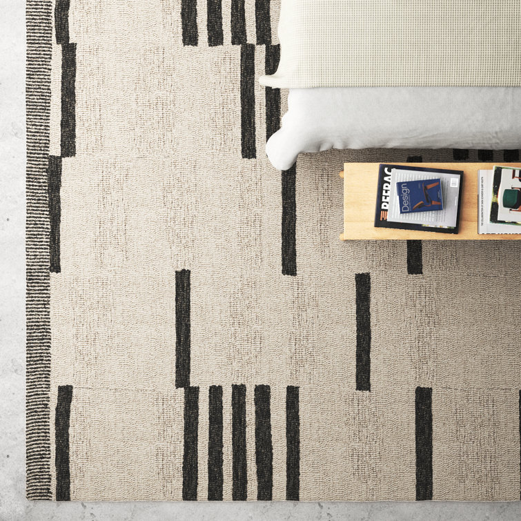 Handmade Cream and Black Wool Tufted Striped Rug 6' x 9'