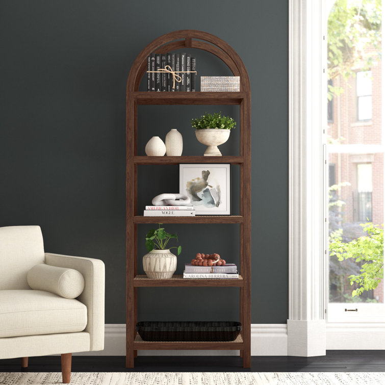 Bohemian Acacia and Woven Cane 5-Tier Etagere Bookcase