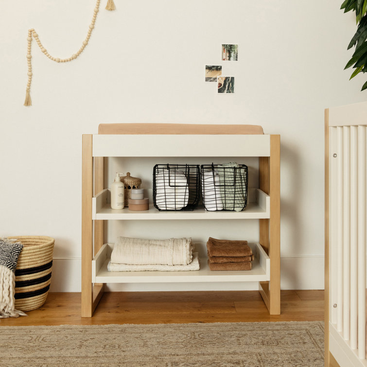 Nantucket Warm White and Honey Changing Table with Open Shelves
