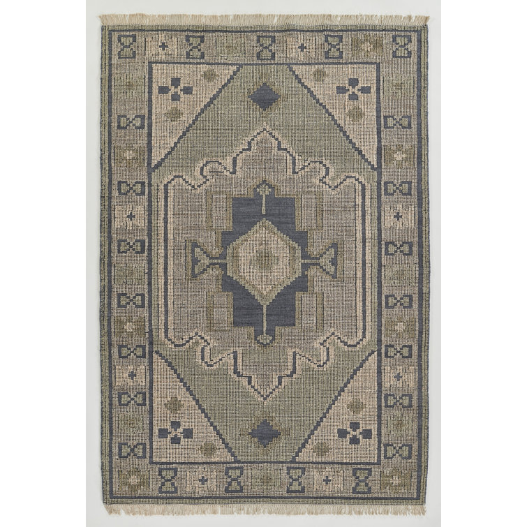Cielo Blue and Beige Handwoven Wool 9' x 12' Rug