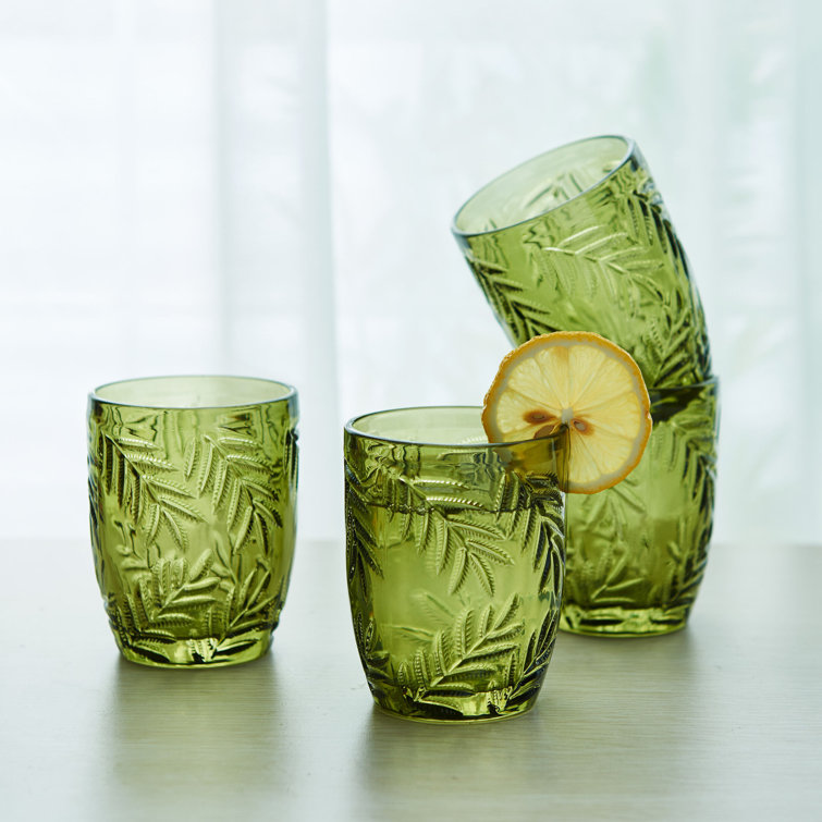 Green Tropical Leaf Pattern Glass Highball Set