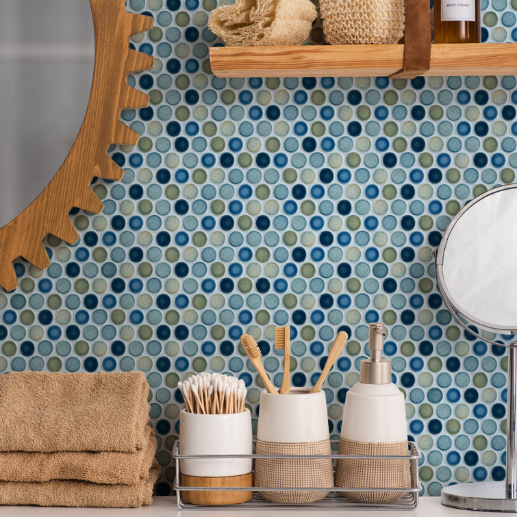 Light Blue and Green Porcelain Penny Round Mosaic Tile