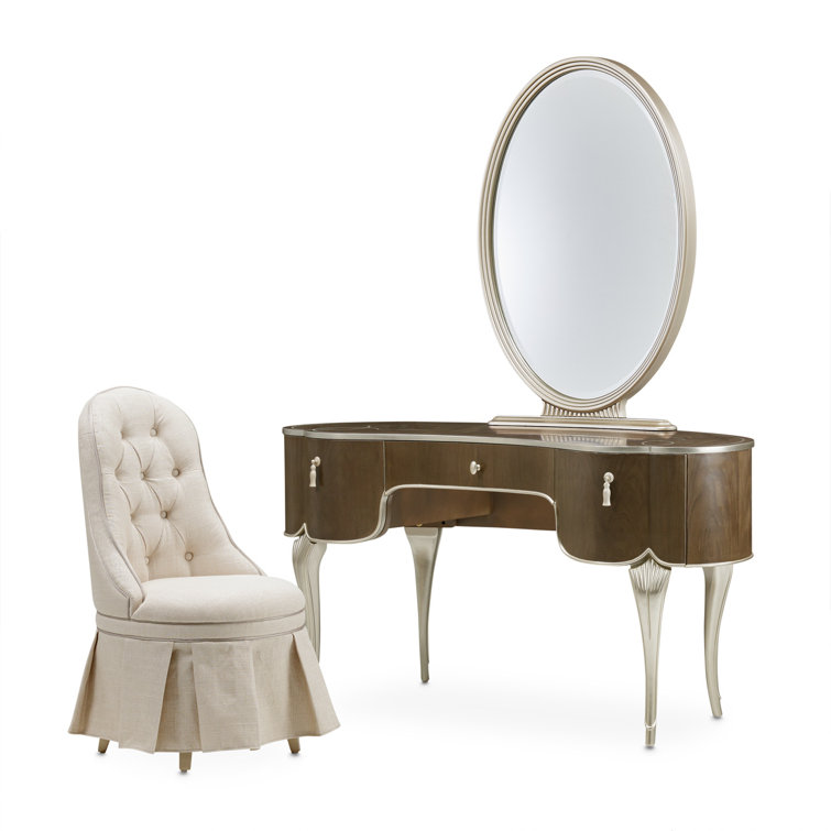 Villa Cherie Birch Hazelnut Vanity Set with Frosted Pearl Linen Bench