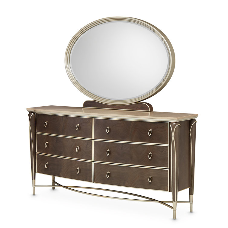 Hazelnut Birch Double Dresser with Curved Mirror & Soft Close Drawer