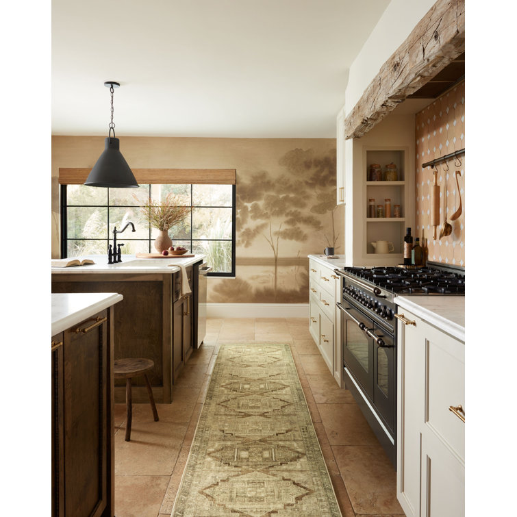 Sinclair Washable Khaki and Tobacco Synthetic Runner Rug 2' x 5'