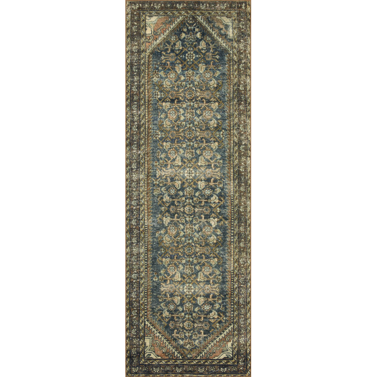 Denim Blue Polyester Washable Runner Rug 84" x 24"