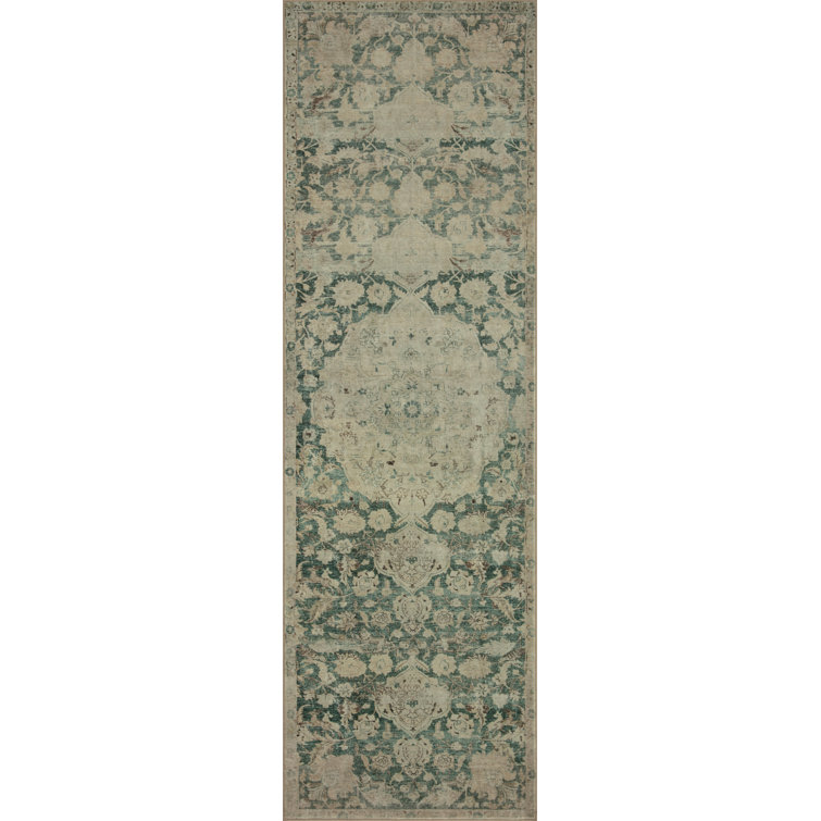 Jade and Sand Medallion Washable Synthetic Runner Rug