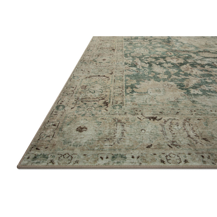 Sinclair Jade and Sand Machine Washable Vintage Area Rug