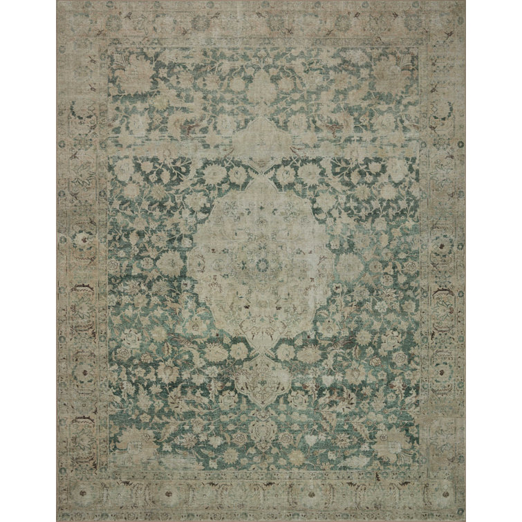 Sinclair Jade and Sand Machine Washable Vintage Area Rug