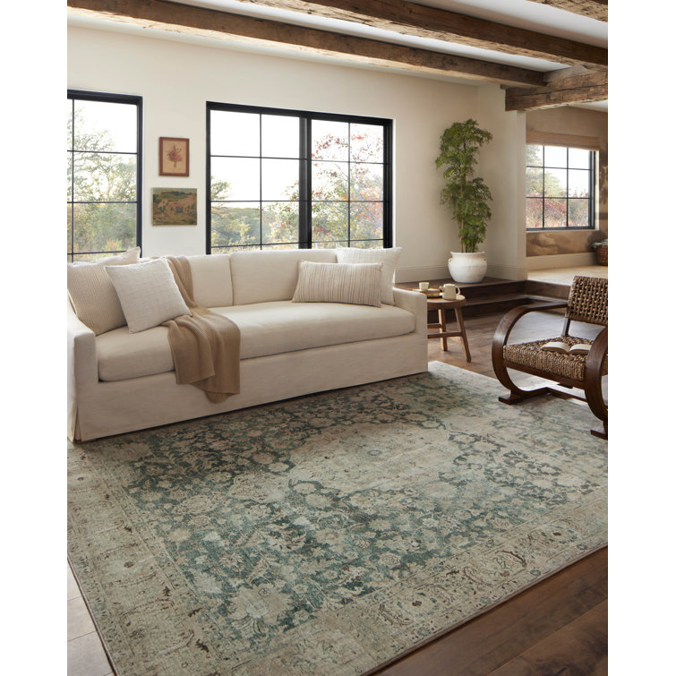 Sinclair Jade and Sand Machine Washable Vintage Area Rug