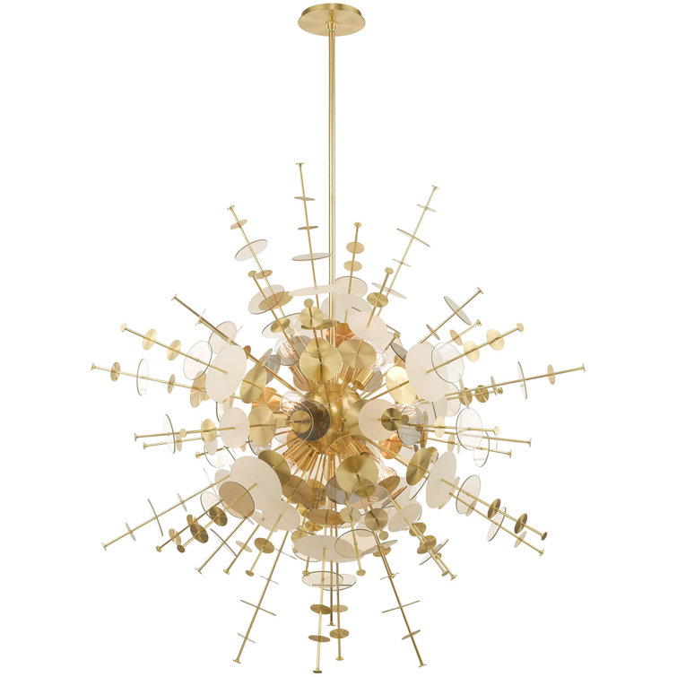 Elegante Satin Brass 12-Light Foyer Pendant with Geometric Glass Discs
