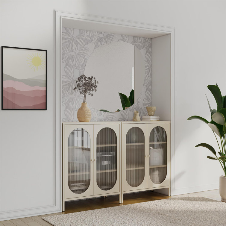 Parchment Metal Accent Cabinet with Fluted Glass Doors