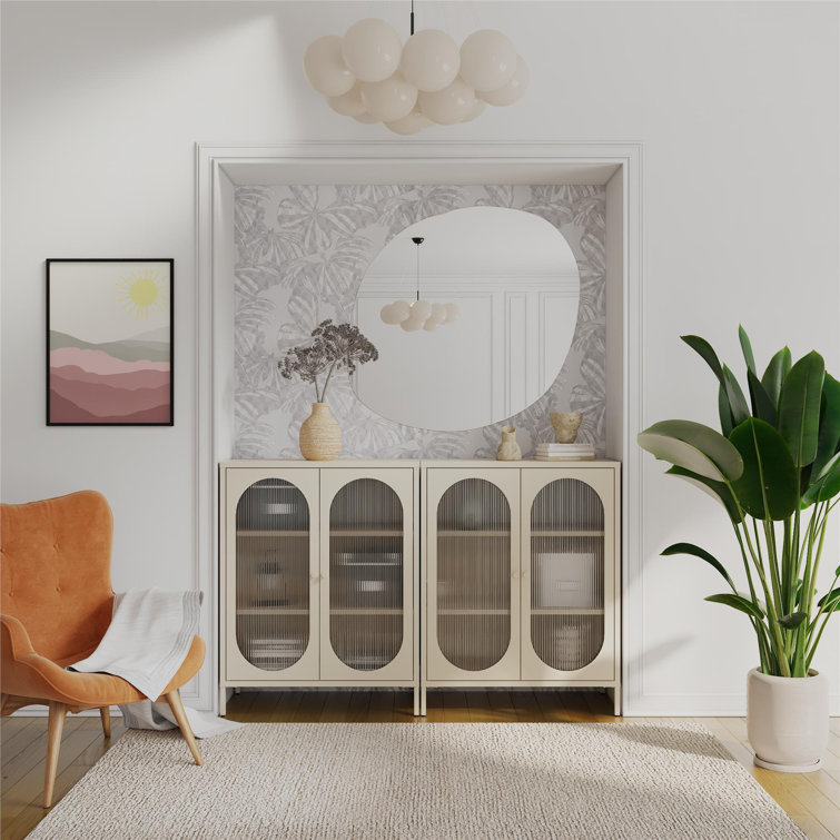 Parchment Metal Accent Cabinet with Fluted Glass Doors