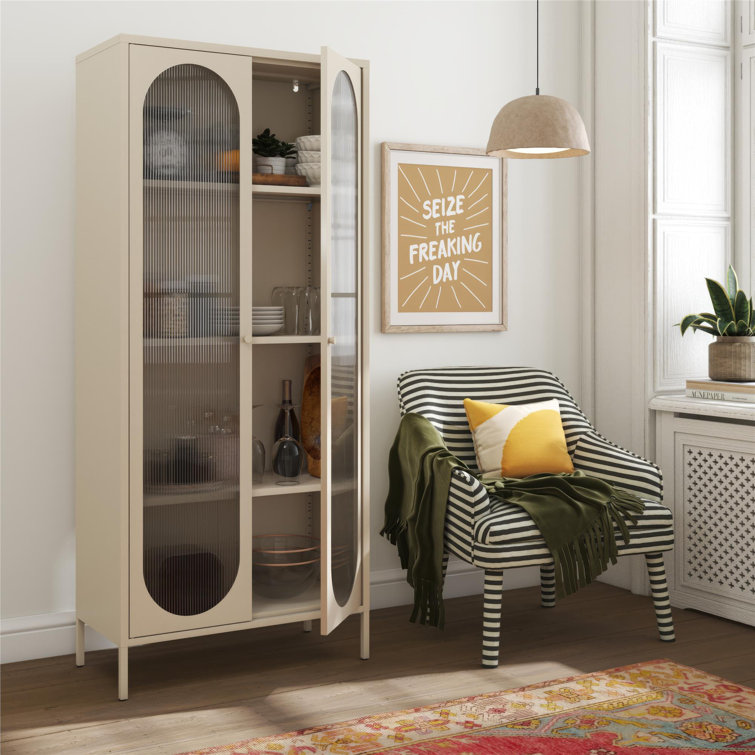 Parchment Tall Accent Cabinet with Fluted Glass Doors