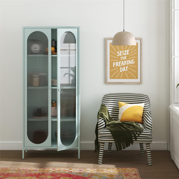 Sky Blue Tall Metal Accent Cabinet with Fluted Glass Doors